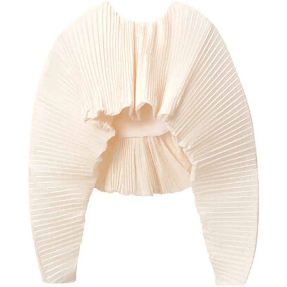 GIA Studios Plissé Taffeta Cropped Cape Top in Ivory Size Medium - Picture 2 of 12